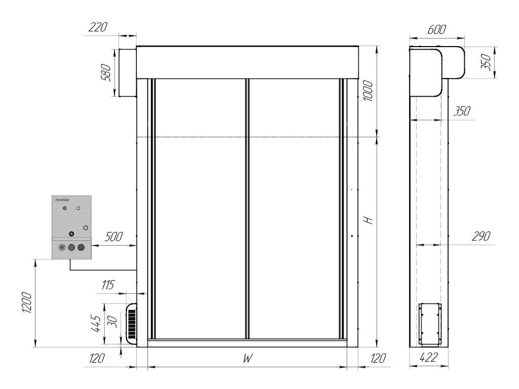 Yon tomondan haydovchiga ega darvozaning umumiy ko'rinishi (chapda haydash / o'ngda).